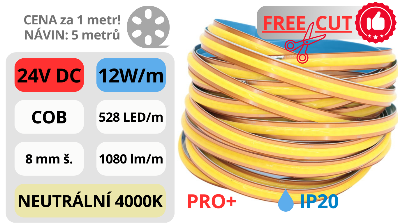 LED pásek COB 24V / 480LED / 12W / 4000K / IP20 / 8mm / PRO+ FREE-CUT